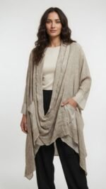 Cardigan lungo drappeggiato beige - Image 2